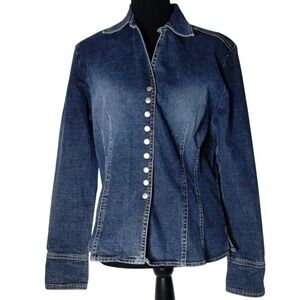 A.M.I. Denim Button Down Top Fitted‎ Long Sleeve Dark Wash Jacket M